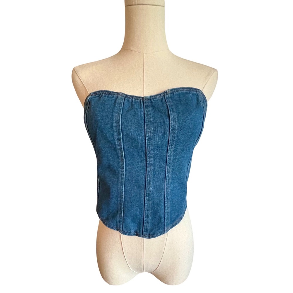 Shein Medium Wash Denim Corset Top Strapless Bustier Zip Back Blue Jean Crop Top